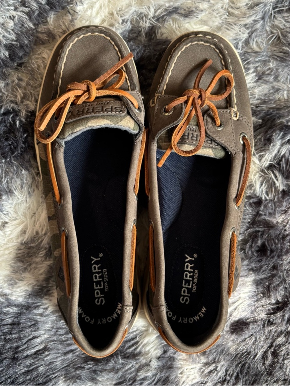 Sperry Women's Gray Brown Green Camo Canvas & Leather-Trim Boat Shoes Top-sider
